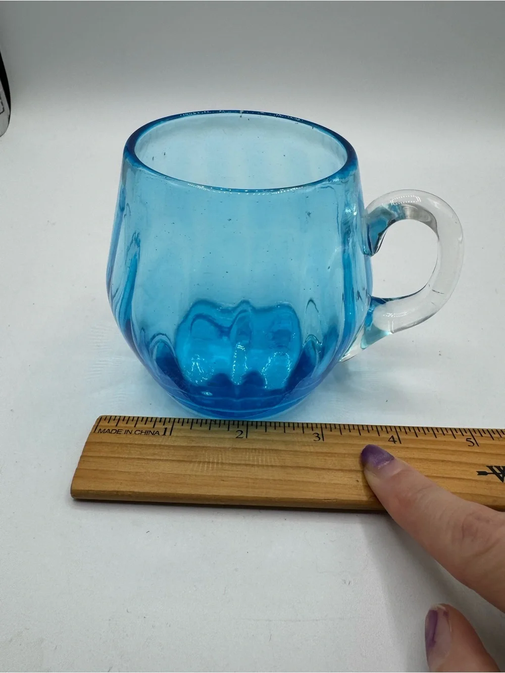 Vintage Hand Blown Optic Blue Art Glass Mug With Clear Handle